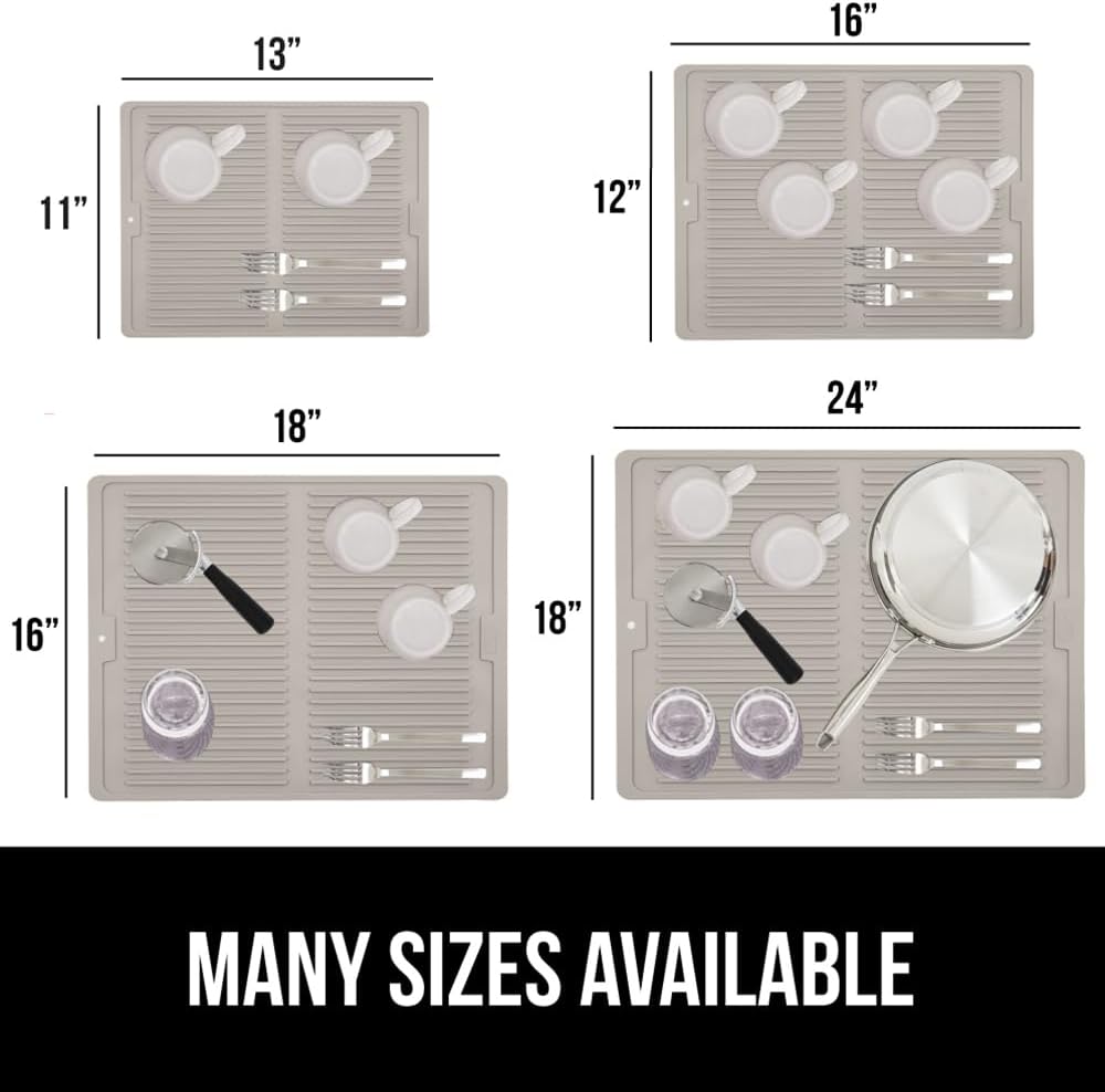 GORILLA GRIP 100% BPA-Free Patented Silicone Dish Drying Mat for Kitchen Counter, Water Catching Ribbed Design, Easy Clean Waterproof Sink Liner, Heat Resistant, Fits Under Rack, 13x11 Inch, Almond