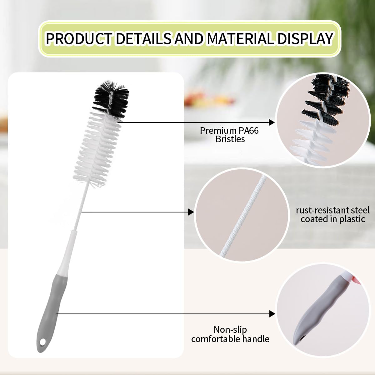 Bottle Cleaner Brush Set - Long Handle Bottle Brushes for Cleaning Narrow Neck Bottles, Beer, Wine, Baby Bottle, Pipes, Tubes, and Small Bottle