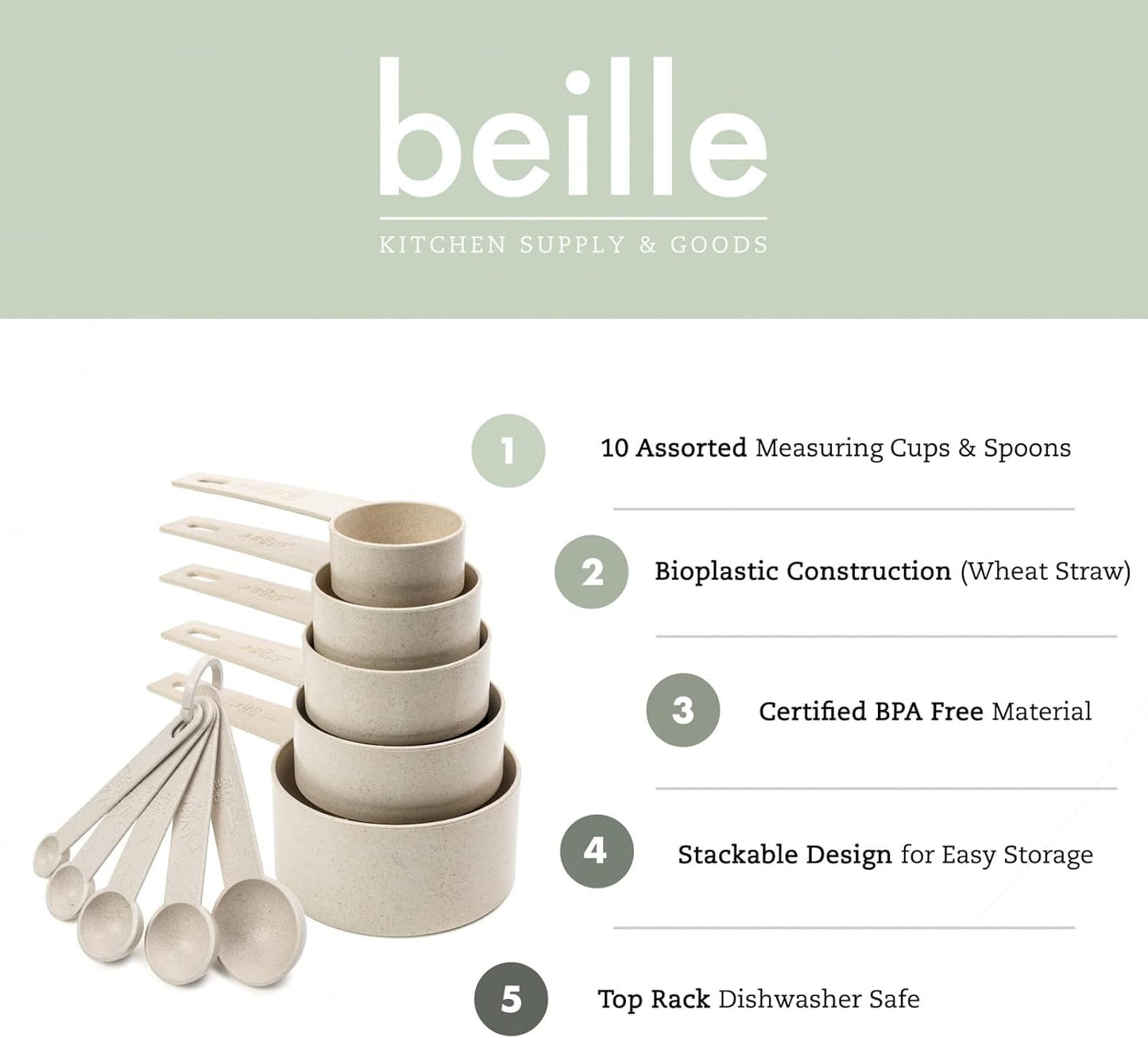 Beille Cream Wheat Straw Measuring Cups Spoons Set Cooking Baking Tools 10pc