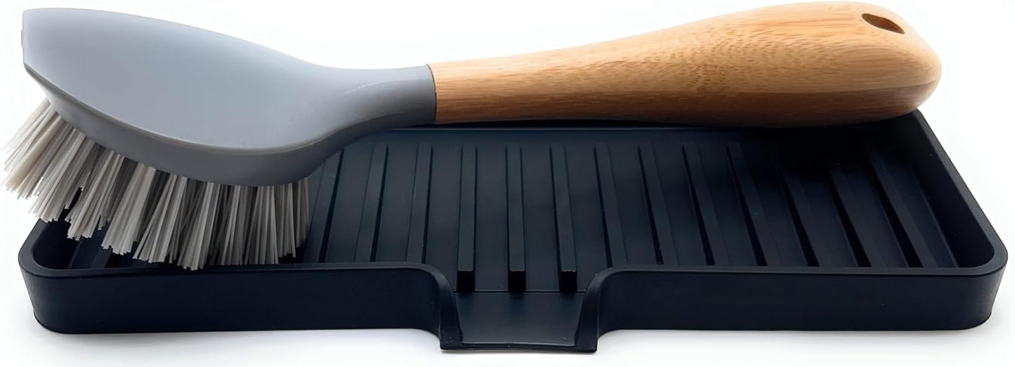 Happitasa Silicone Soap Dish Tray and Sponge Holder with Drain Chute | Bathroom and Kitchen Sink Organizer Caddy (Black, 9"x3.5", 5.6 Ounces)