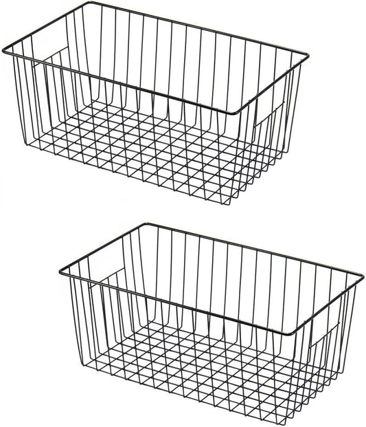 16" L x 12" W Wider Freezer Storage Organizer Baskets Container, Deep Metal Wire Chest Upright Refrigerator Divider Bins with Built-in Handles for Cabinet, Pantry, Closet, Kitchen, Black
