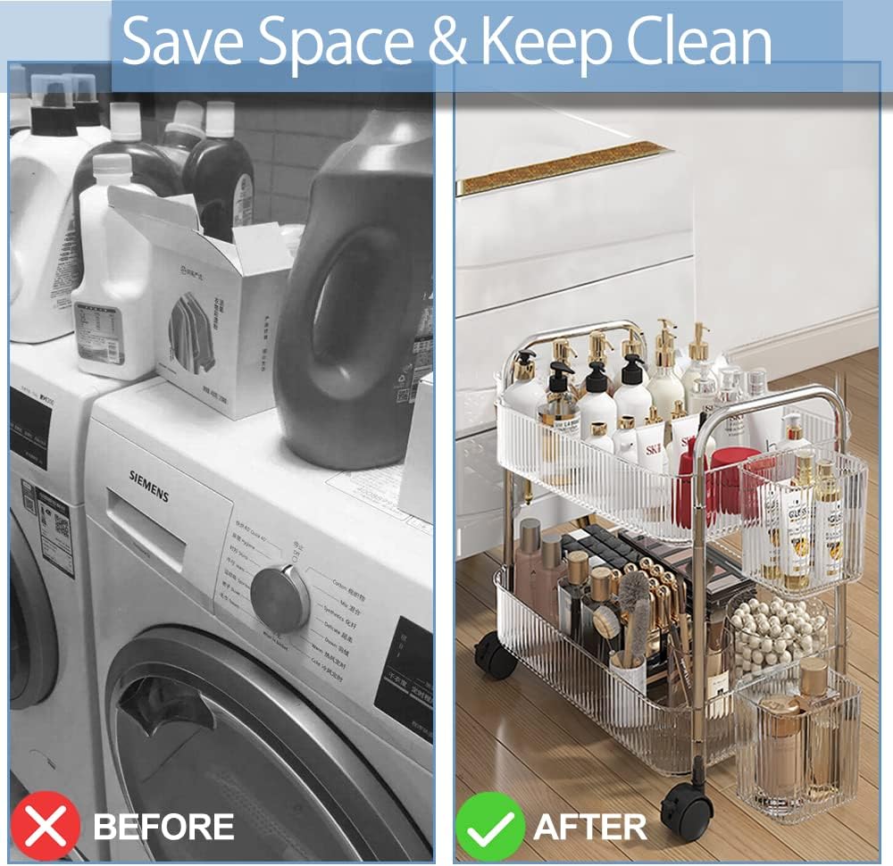 2-Tier Utility Rolling Cart Storage Organizer Sofa Side Table with Wheels, Under Desk Mobile Trolley Organizer with Handle and 2 Hanging Baskets for Office Home Kitchen Organization, Transparent