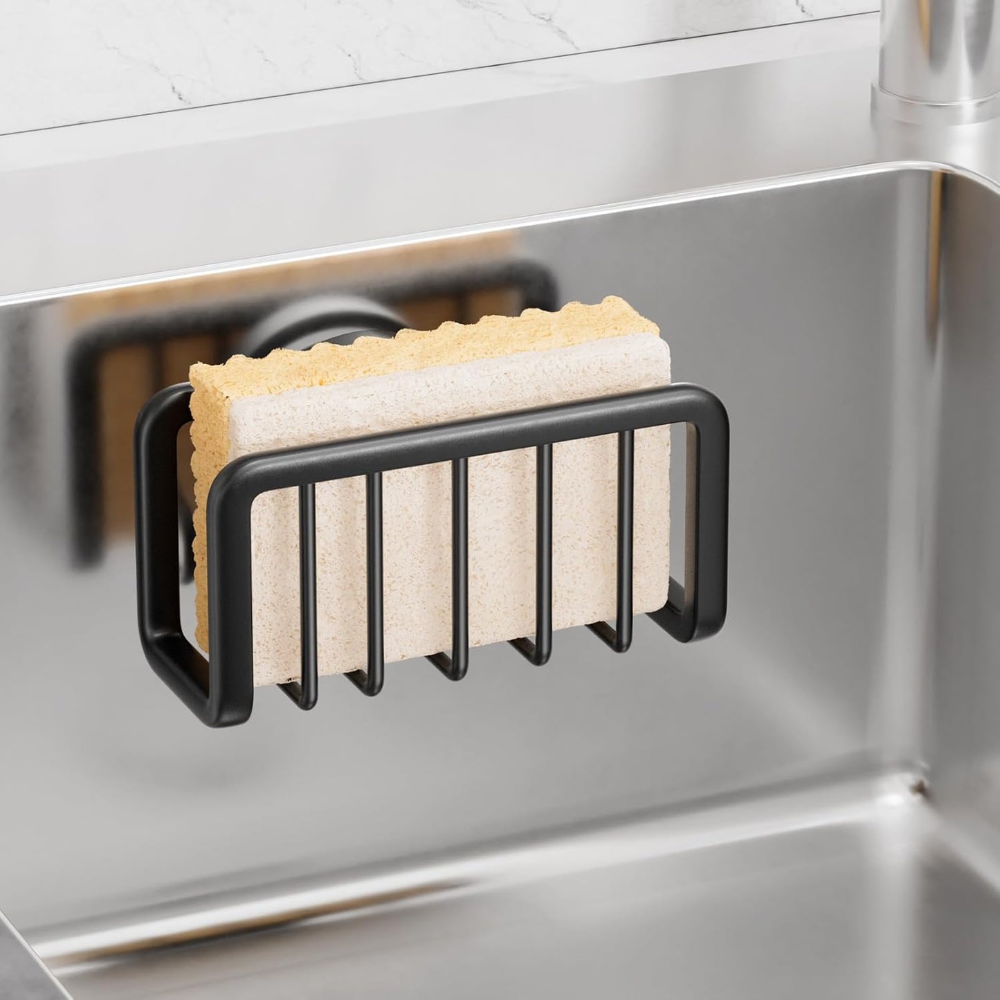 TAILI Sponge Holder for Kitchen Sink with Strong Suction Cup, Rustproof Aluminum Sink Caddy, Removable Sponge Holder, Dish Brush for Scraper - Black