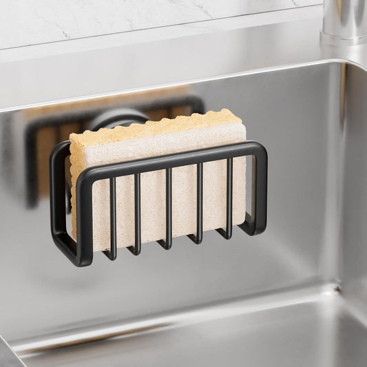 TAILI Sponge Holder for Kitchen Sink with Strong Suction Cup, Rustproof Aluminum Sink Caddy, Removable Sponge Holder, Dish Brush for Scraper - Black