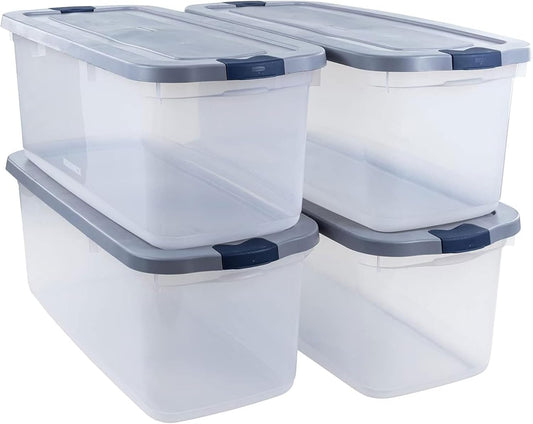 Rubbermaid Roughneck Clear 95 Qt/23.75 Gal Storage Containers, Pack of 4 with Latching Grey Lids, Visible Base, Sturdy and Stackable, Great for Storage and Organization