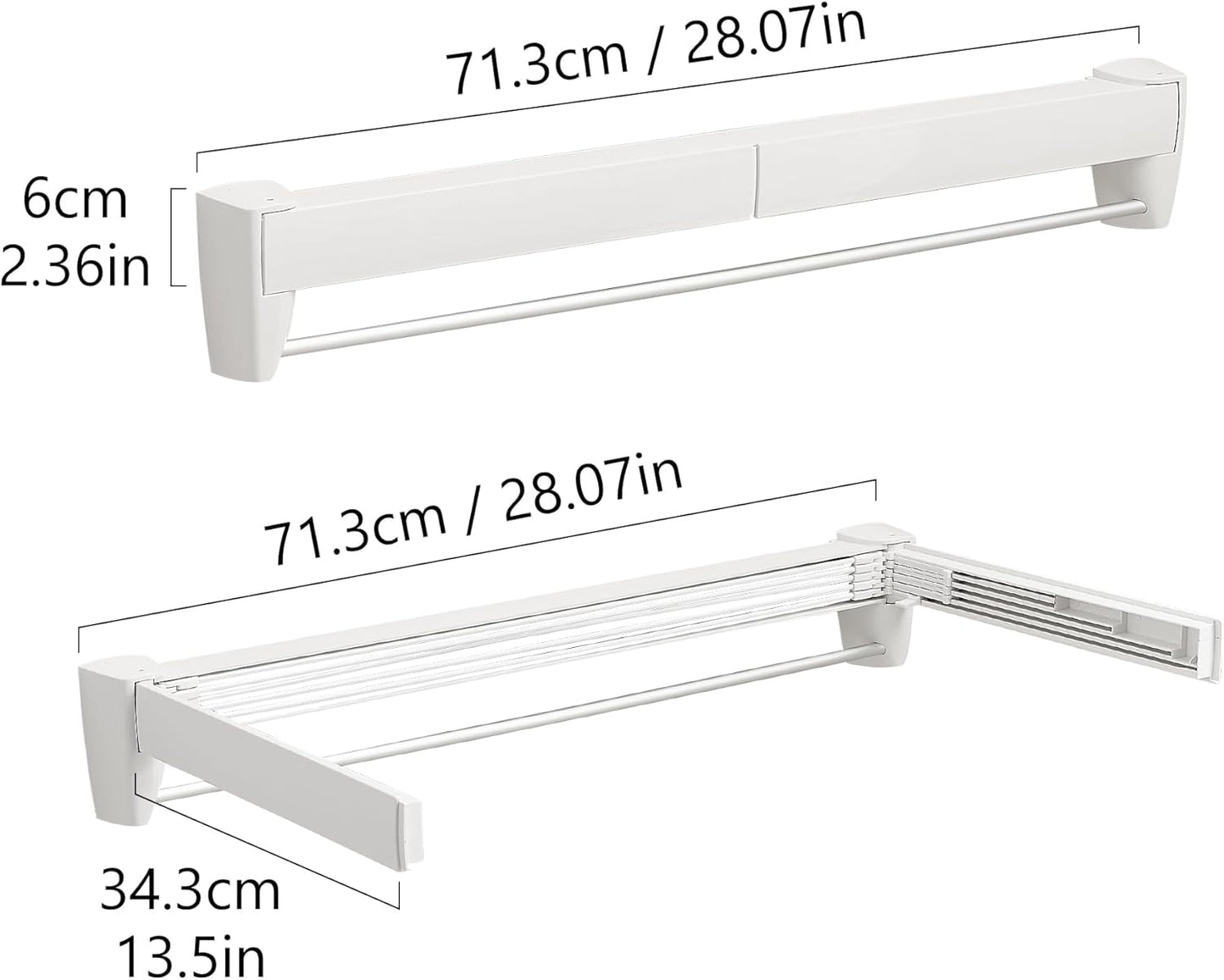 JOOM Laundry Drying Rack Collapsible, Wall Mounted Drying Rack, Clothes Drying Rack, Retractable Drying Racks, 27.5" Wide, 5 Aluminum Rods with Hooks, 60 lb Capacity (White 27.5" with Hooks)
