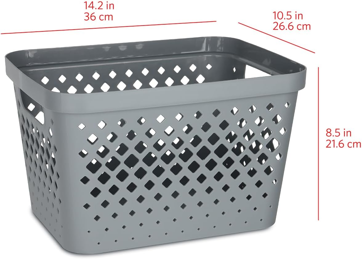 Glad Plastic Storage Basket Set, Value Pack of 6 | Open Storage Bins for Shelves, Bathroom, Pantry, Closet | Nesting Organizer Boxes with Handles, 4 Gallon, Grey