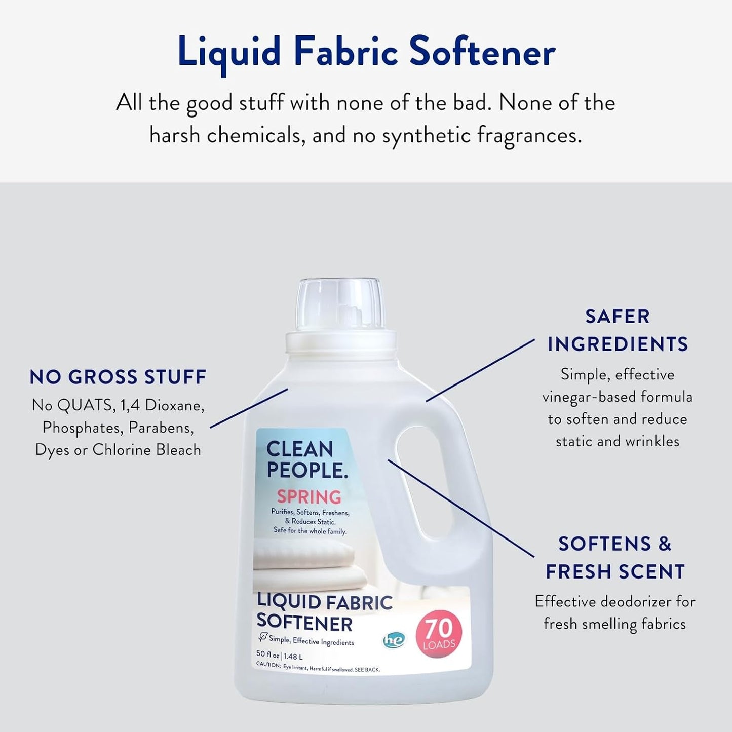 The Clean People Liquid Fabric Softener - Softens & Removes Static Cling - Vegan (50 Fl Oz, Spring)
