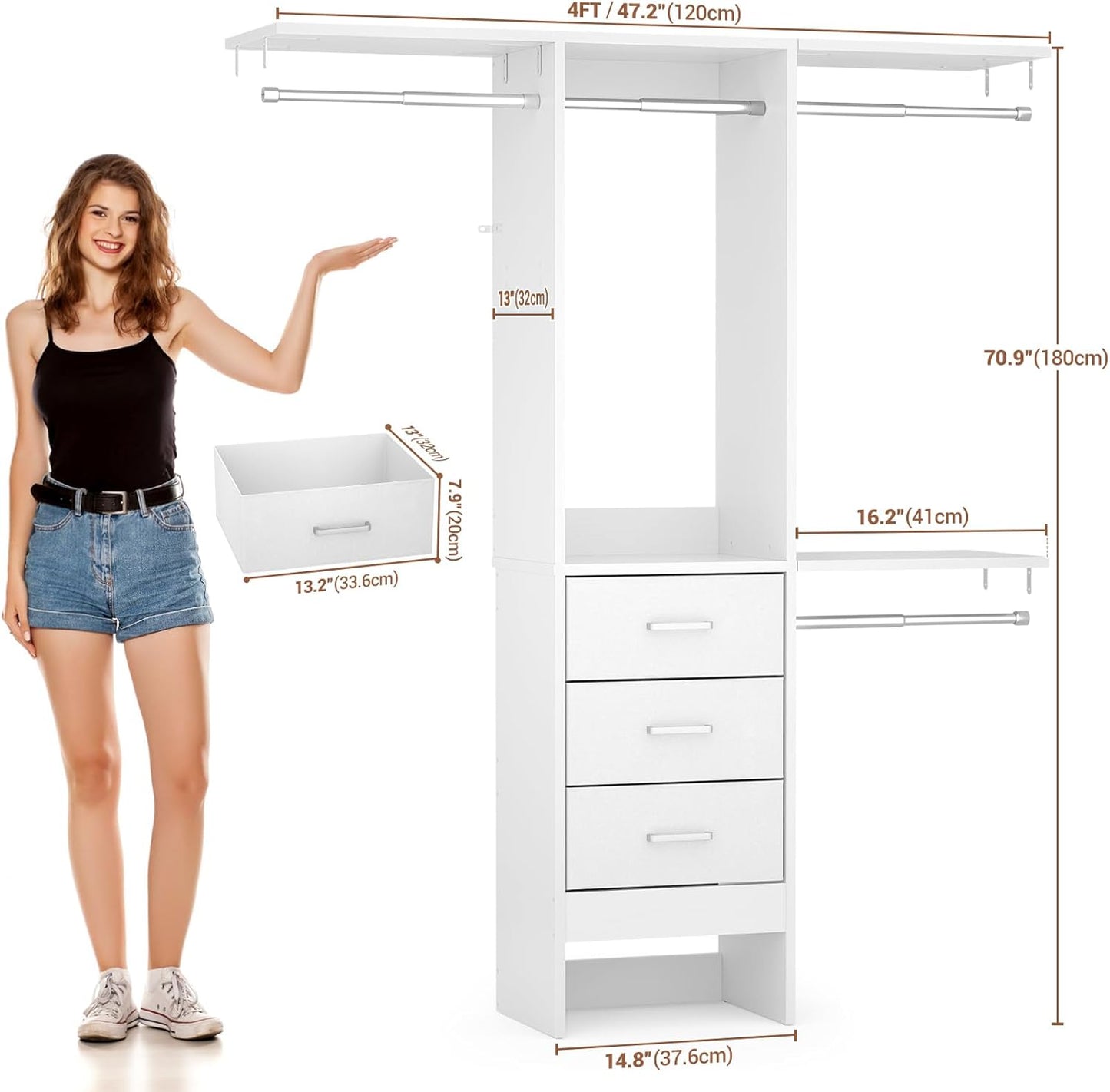 4FT Small Closet System with 3 Fabric Drawers, 48'' Closet Organizer System With 3 Adjustable Shelves, Flexible Built-In Clothes Garment Rack for Small Space, 48" L x 13" W x 71" H, White