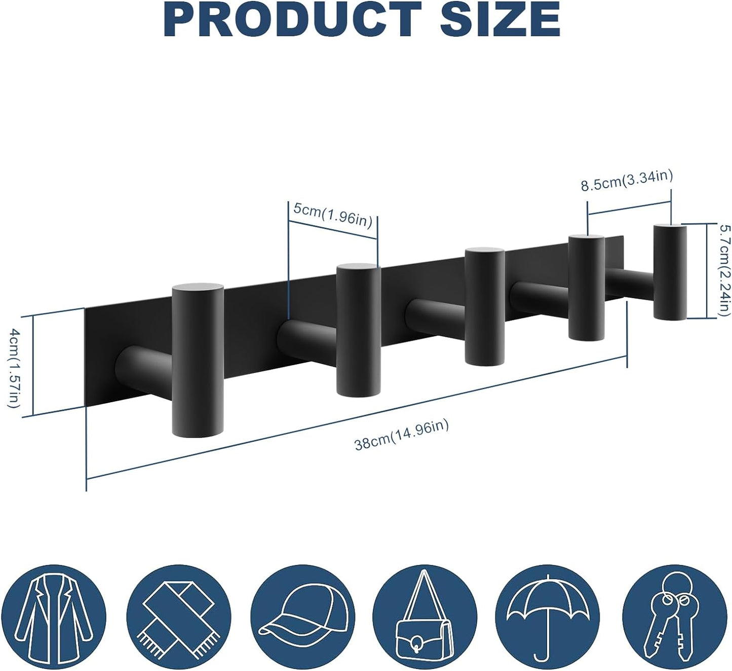 PMMASTO Coat Rack Wall Mounted, 5 "T Shaped Wall Hooks for Hanging, Heavy Duty Stainless Steel Coat Hook Rail for Hat Towel Robes in Bathroom Kitchen Mudroom Entryway (Black, 1 Pack)