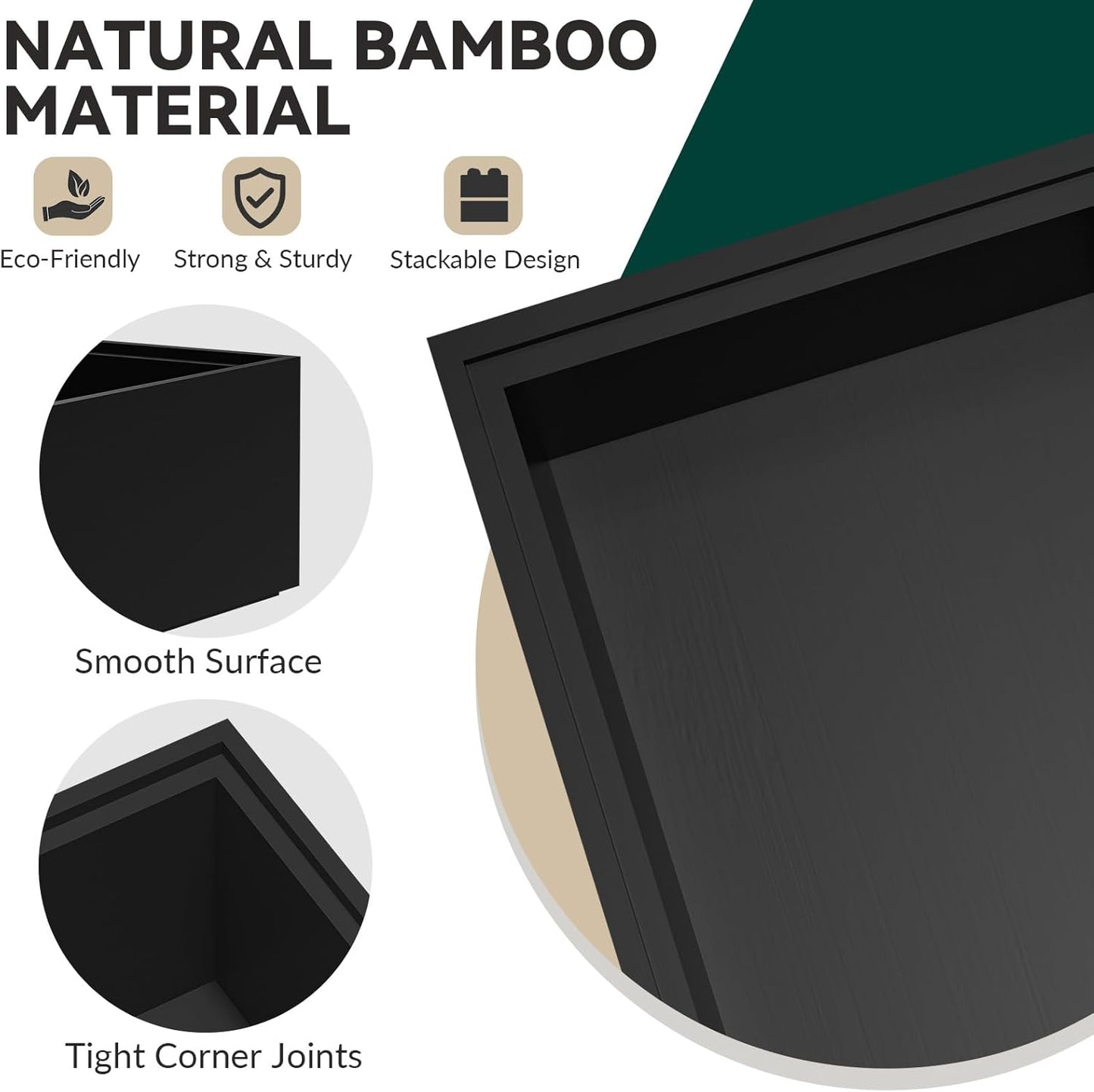 Bamboo Kitchen Drawer Organizer - Set of 2, Stackable Utensil Organizers, Wooden Storage Box Tray for Cabinet, Pantry, Bathroom Countertop, Multi-use Organization and Storage (Black)