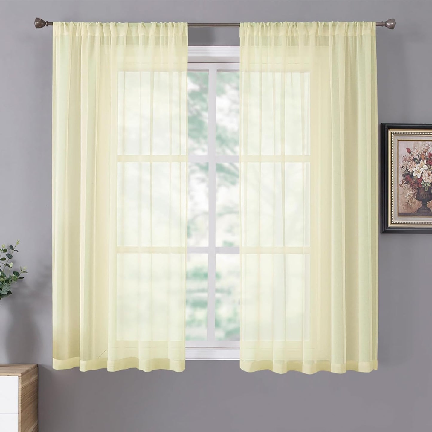 Tollpiz Sheer Curtains Linen Textured Living Room Curtain Sheers Light Filtering Rod Pocket Voile Curtains for Bedroom, 42 x 63 inches Long, Transparent Yellow, Set of 2 Panels
