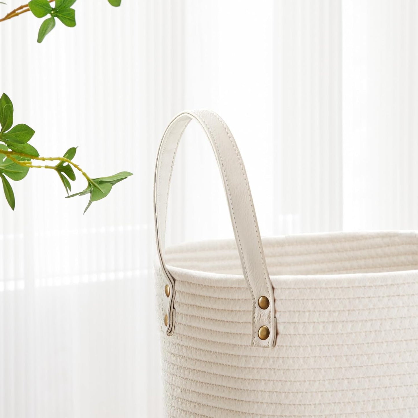 VIPOSCO Tall Laundry Basket, Large Dirty Clothes Hamper with Leather Handle, Woven Rope Storage Basket for Blanket, Toy In Living Room, Bathroom, Bedroom - 53L White