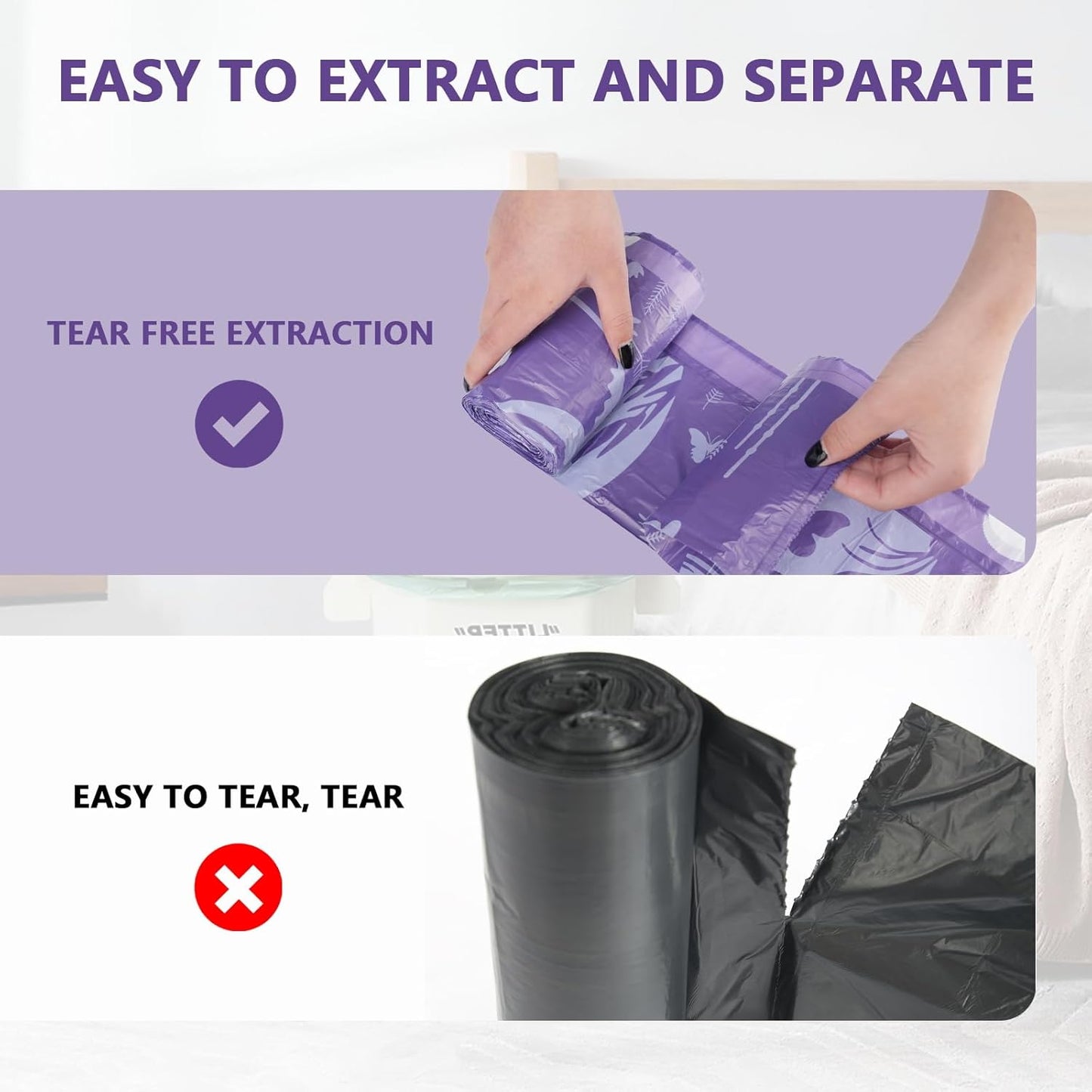 VOK 8 Gallon Trash Bags Drawstring, Medium Trash Bags for Office, Kitchen, Bedroom Trash Cans, Colored Portable Sturdy Garbage Bags 8 Gallon with Lavender Scent, 60 Counts