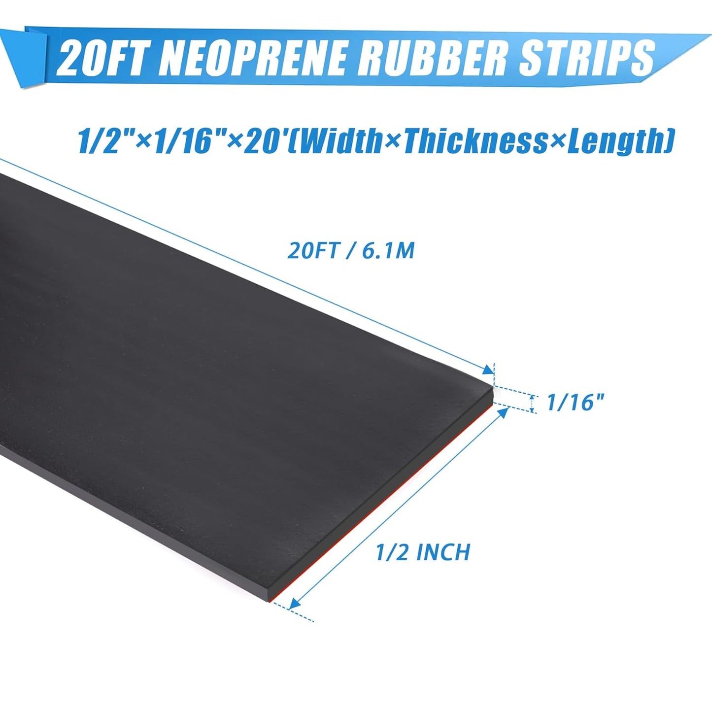 Adhesive Rubber Strips Neoprene Rubber Sheets, Rolls & Strips with Adhesive Backing Rubber Pads Self Stick Seal Rubber Gasket Adhesive Back for Matting Padding - 1/2" Wide x 1/16" Thick x 20' Long