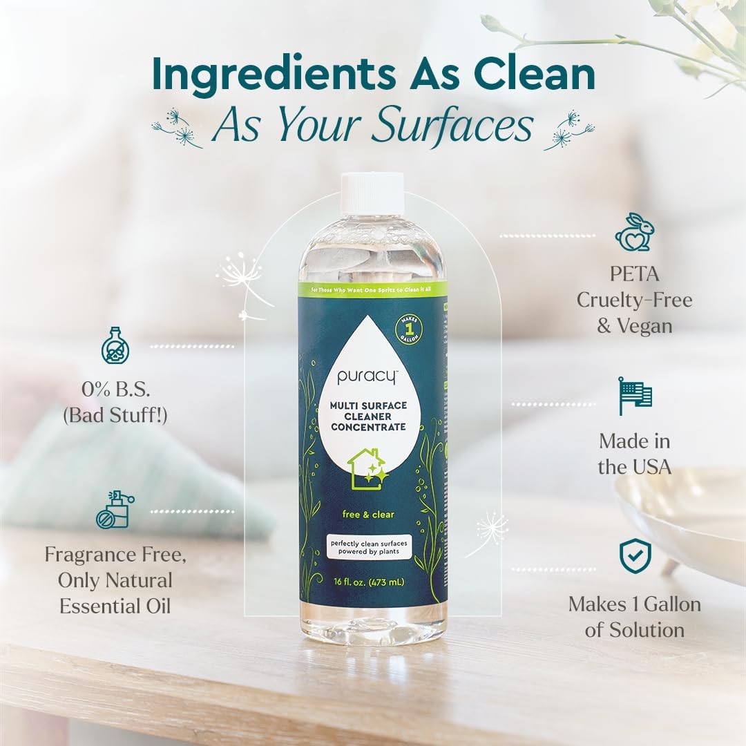 Puracy Multi-Surface Cleaner Concentrate - Plant-Powered Everyday Surface Cleaner - Natural All Purpose Cleaning Solution As Seen on TikTok (Free & Clear, 16 fl oz)