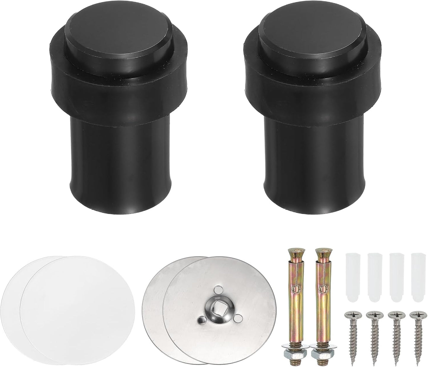 PATIKIL 2Set Round Door Stoppers, 60mm Stainless Steel Door Stop Doorstop Wedge Metal Cylinder Self Adhesive with Screw for Bottom of Door Floor Inside, Black
