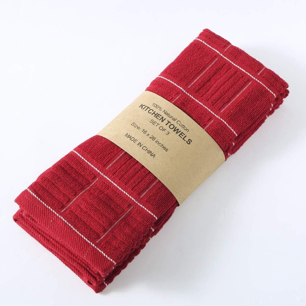 Anyi 100% Cotton Kitchen Towels, Absorbent Dish Towels with Hanging Loop, Soft Kitchen Hand Towels for Washing Drying Dishes(16x26, Set of 3, Redwhite)