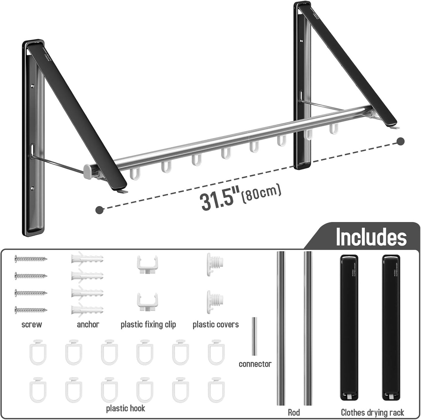 Clothes Drying Rack Retractable, Wall Mounted Clothes Hanger Rack for Laundry Room, Laundry Drying Rack with Clothes Rod Space Saving Closet Organizer Aluminium (Black, 2P)