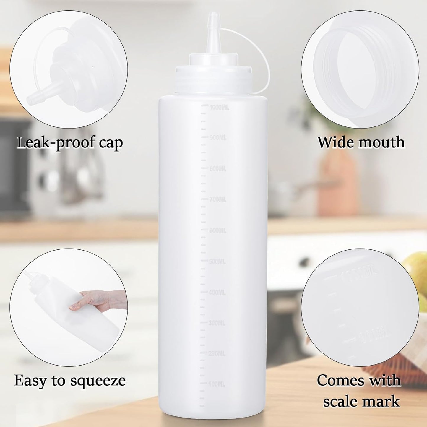 Condiment Squeeze Bottles Ketchup Dispenser, 6 Pack 32oz Squeeze Bottles for Liquids, Plastic Sauce Bottle with Cap Lid, Squirt Bottles for Sauces Liquids BBQ Dressing Pancake Art