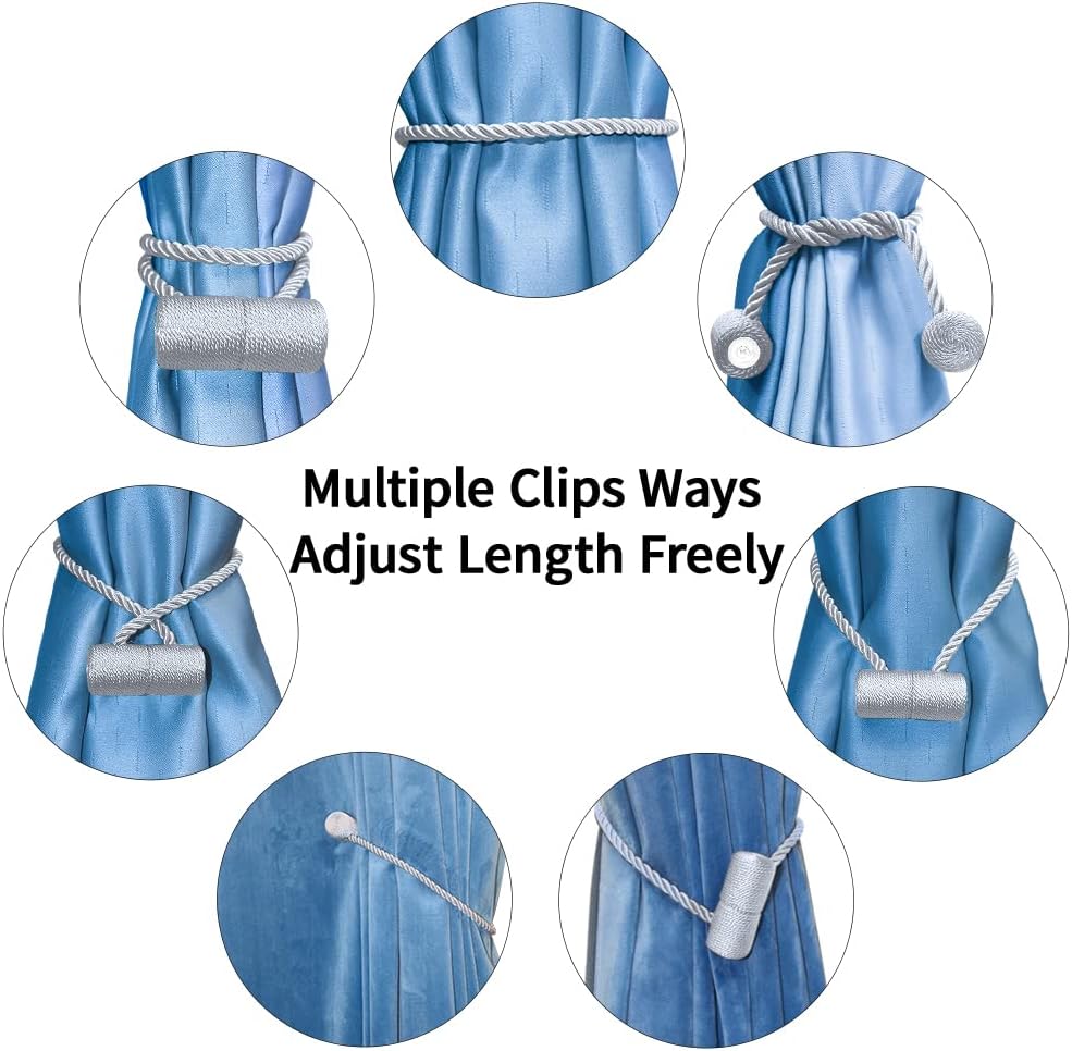 18 Inch Strong Magnetic Curtain Tiebacks, Curtain Holdbacks Modern Upgrade Strong 2021 New Twisted Style Decorative Drapery Rope Tie Backs(2 Pack Silver Grey)