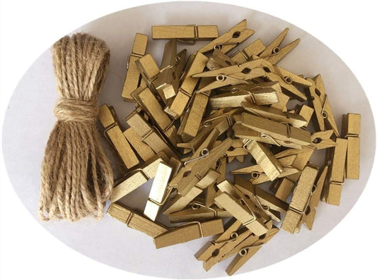 DurReus Small Wooden Clips Cute 1.5 Inch Clothespin Photo Paper DIY Craft Holder with Jute Twine Gold Pack 50
