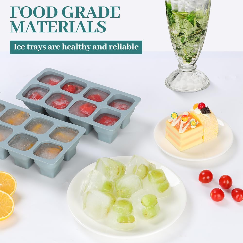Foldable Ice Cube Trays, 2 Pack Folding Ice Cubes Maker Molds with Lid for Freezer, Easy-Release Silicone Ice Cube Tray Making, Ice Chilling Cocktail、Whiskey、Tea、Coffee、Ice Cream Maker、Baby Food