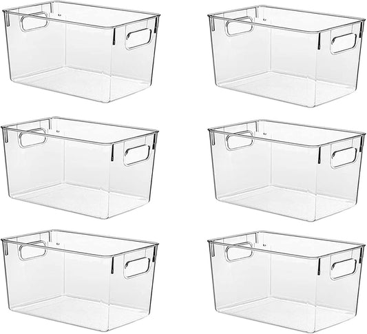 Clear Pantry Organizer Bins, Storage Containers & Plastic Containers with Handle, Cabinet Organizer, Home Organization Must Haves for Kitchen, Laundry Room, Office, Closet & Freezer (6 Pack)