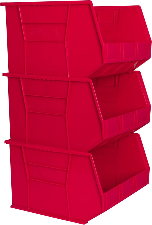 Akro-Mils 30270 AkroBins Plastic Storage Bins, Space-Saving Stackable Bins for Garage, Pantry, Craft Organization, 18" x 16" x 11", Red, 3-Pack