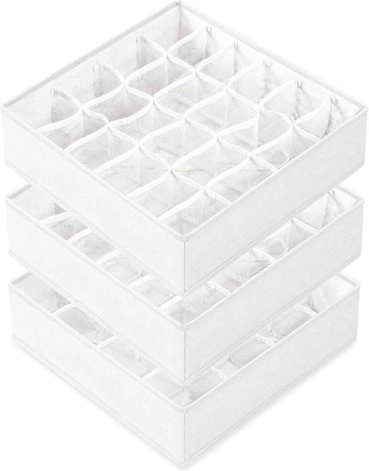 Criusia 3 Pack Sock Underwear Drawer Organizer Dividers, 64 Cell Fabric Foldable Cabinet Closet Organizers and Storage Boxes for Storing Socks, Panties, Ties (16+24+24 Cell, White)