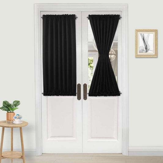 DWCN French Door Curtains – Rod Pocket Thermal Blackout Curtain for Doors with Glass Window, Kitchen and Patio Doors for Privacy, 25 X 40 Inch Length, 1 Curtain Panel with Tieback, Black