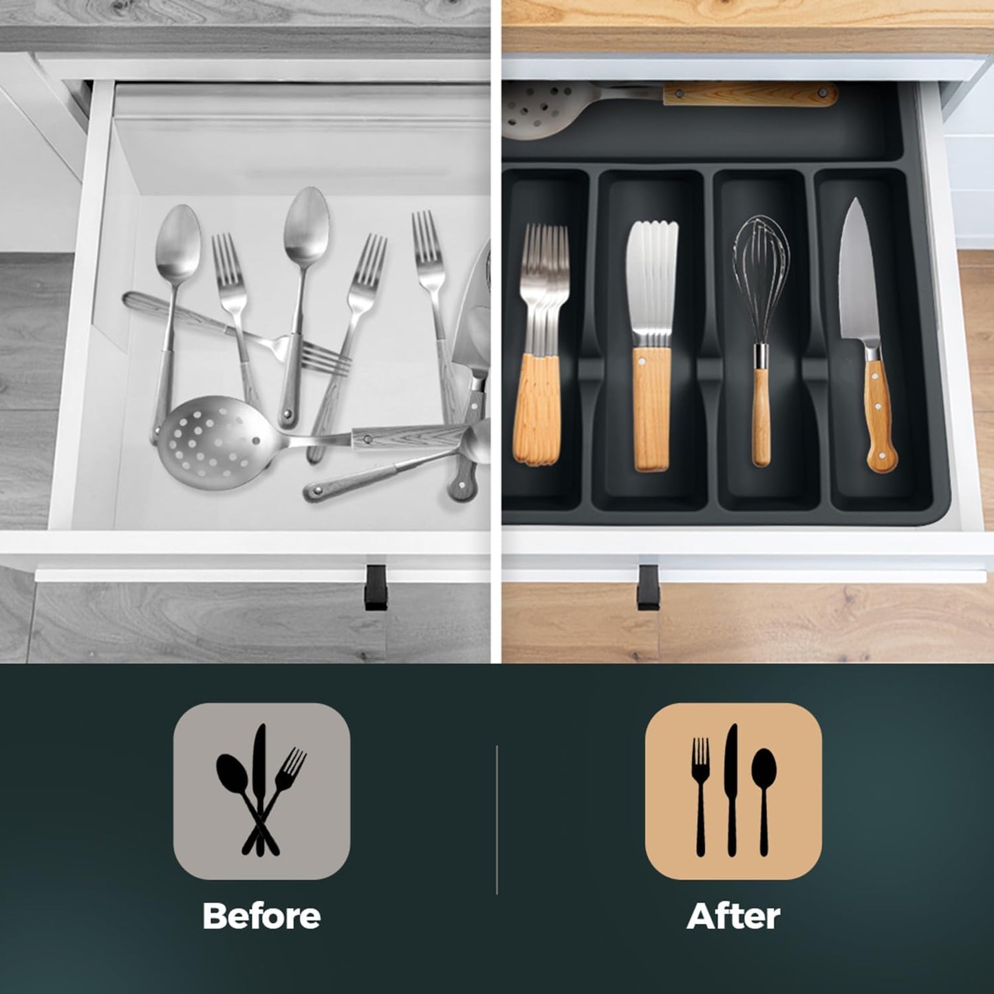 Silicone Silverware Drawer Organizer – Non-Slip Utensil Holder for Kitchen Drawers | Cutlery Tray for Forks, Knives, Spoons & More | Durable, BPA-Free, Easy to Clean – Black