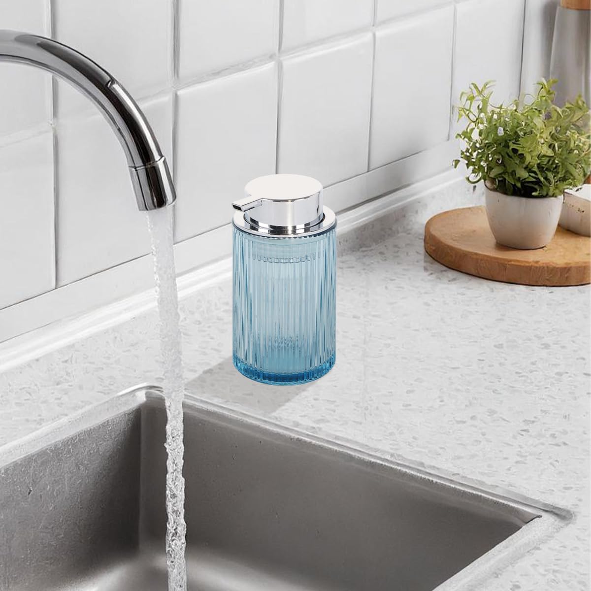 Purple Foaming Soap Dispenser, 12 Oz Glass Foaming Hand Soap Dispenser with Silver Pump, Bathroom Refillable Liquid Lotion Container Pump Ribbed Bottle for Kitchen Bathroom Decor, 1pc