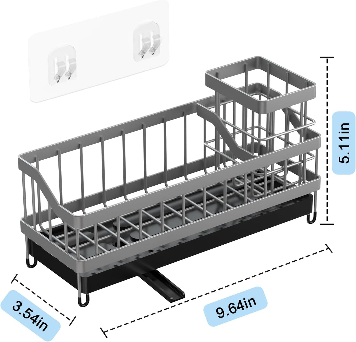 Kitchen Sink Caddy Organizer, Sponge Holder with High Brush Holder, Rustproof and Strong, anti slip, Self Draining spout is ideal，Keep Countertop Cleaning,Grey