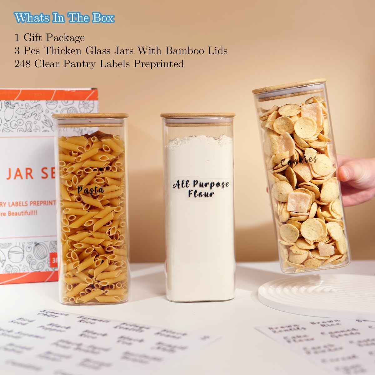 3 Pcs Square Glass Pantry Storage Containers with Bamboo Airtight Lid and 248 Clear Pantry Labels Preprinted - 62oz Thicken Glass Food Storage Jars for Coffee, Cookie, Tea, Sugar, Spice