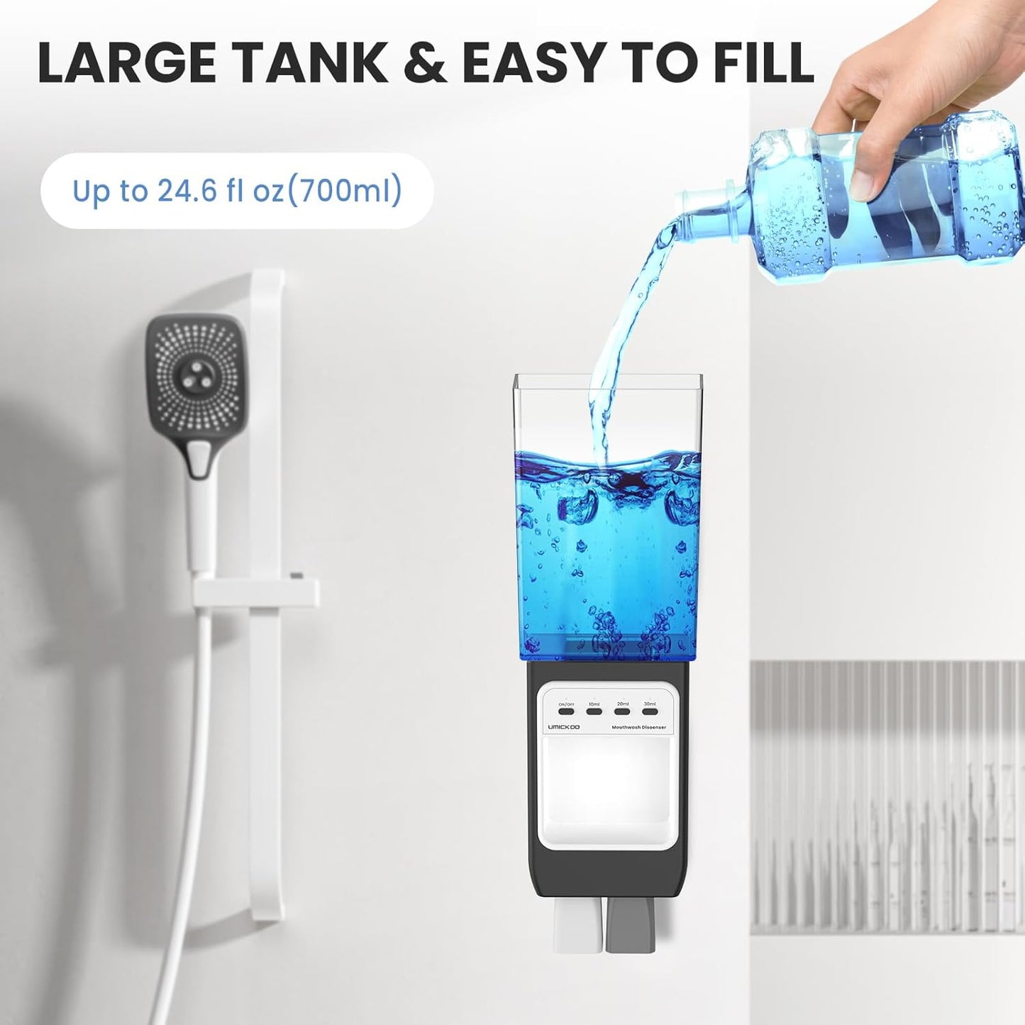 Auto-Mouthwash Dispenser for Bathroom - 700mL Rechargeable Wall-Mounted with 2 Magnetic Cups, 3 Smart Levels, No-Drill Installation for Kids & Adults (12-Month Battery)