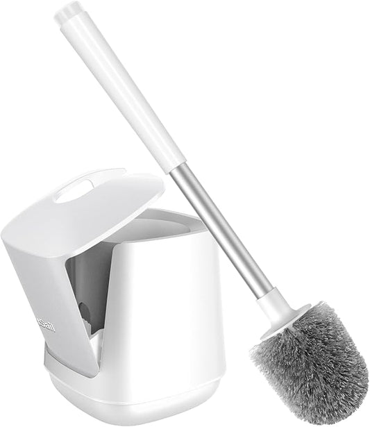 SetSail Toilet Brush, Self Closing Lid Toilet Bowl Brushes Holder and Extra Long Handle Ventilated Toilet Brush Set for Bathroom Cleaning, Nylon Bristles, Pure White