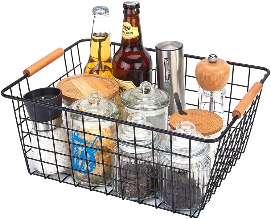 LeleCAT Large black wire baskets for Organizing with Wooden Handles for storage pantry, Storage Organizer Baskets, Household Snack Basket for Cabinets, Closets, Bedrooms, kitchen - Set of 2（Black）