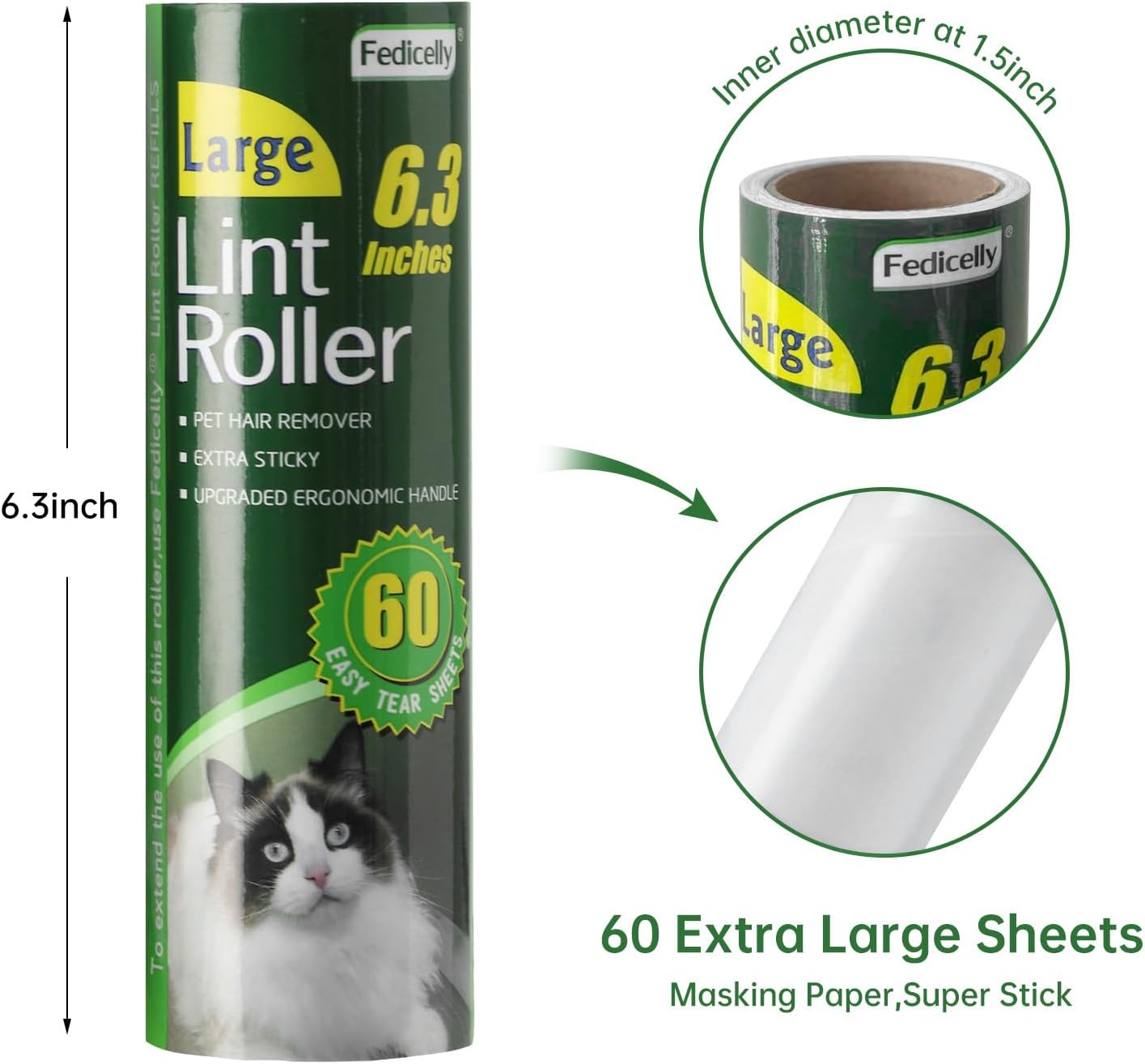 Fedicelly Large Lint Rollers Pet Hair Extra Sticky Floor, Cat Dog Hair Remover Laundry Clothes Carpet Furniture,6.3 inches Wider with 320 Sheets Giant Lint Remover Brush for Couch with Long Handle