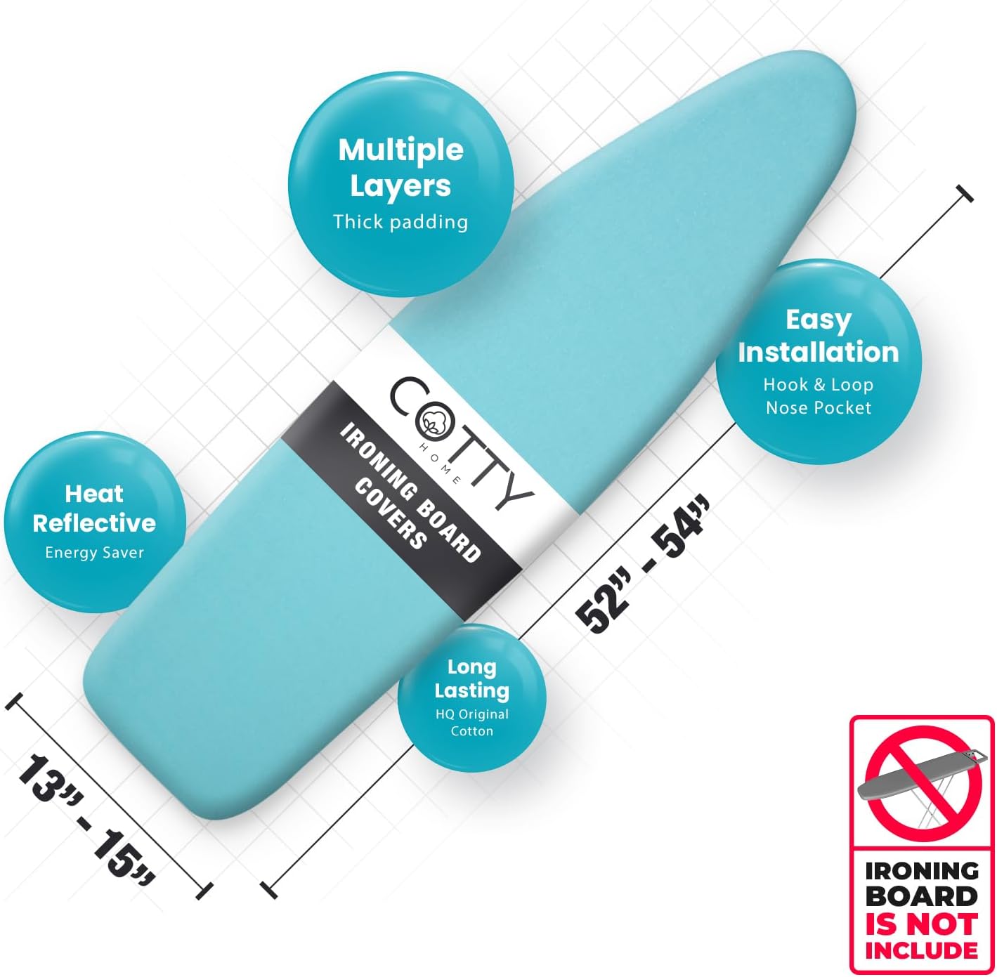 Extra Thick Ironing Board Covers with Pad Standard Size 15x54, Heat Reflective Full Scorch Resistant Padding, Snug Fit Non-Slip Nose Pocket Fastener Straps Elastic Edges, Turquoise