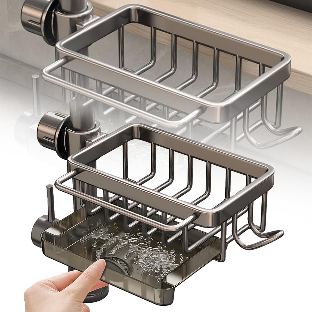 Sink Organizer Rack for Kitchen and Bathroom, 2024 New Kitchen Sink Faucet Organizer with Drip Tray Faucet Sponge Holder (Grey, Right)