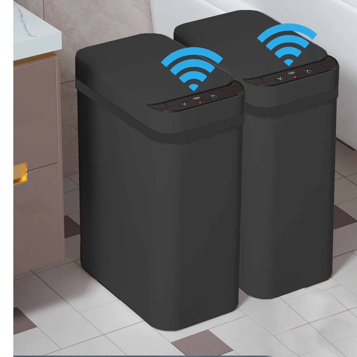 Yatmung 2 Pack - Skinny Trash Bin Sensor Motion 2.5 Gallon Touchless Bathroom Trash Can - Smart Trash Can with Lid - Electric, Narrow, Plastic, Auto Open - Small Slim Automatic Garbage Can (Black)
