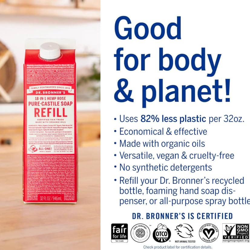 Dr. Bronner's Magic Soap-Pure-Castile Liquid Soap Refill (Rose 32 ounce, 2-Pack)-Regenerative Organic Certified Oils, For Body, Hair, Laundry, Pets & Dishes, Concentrated, Vegan, Non-GMO