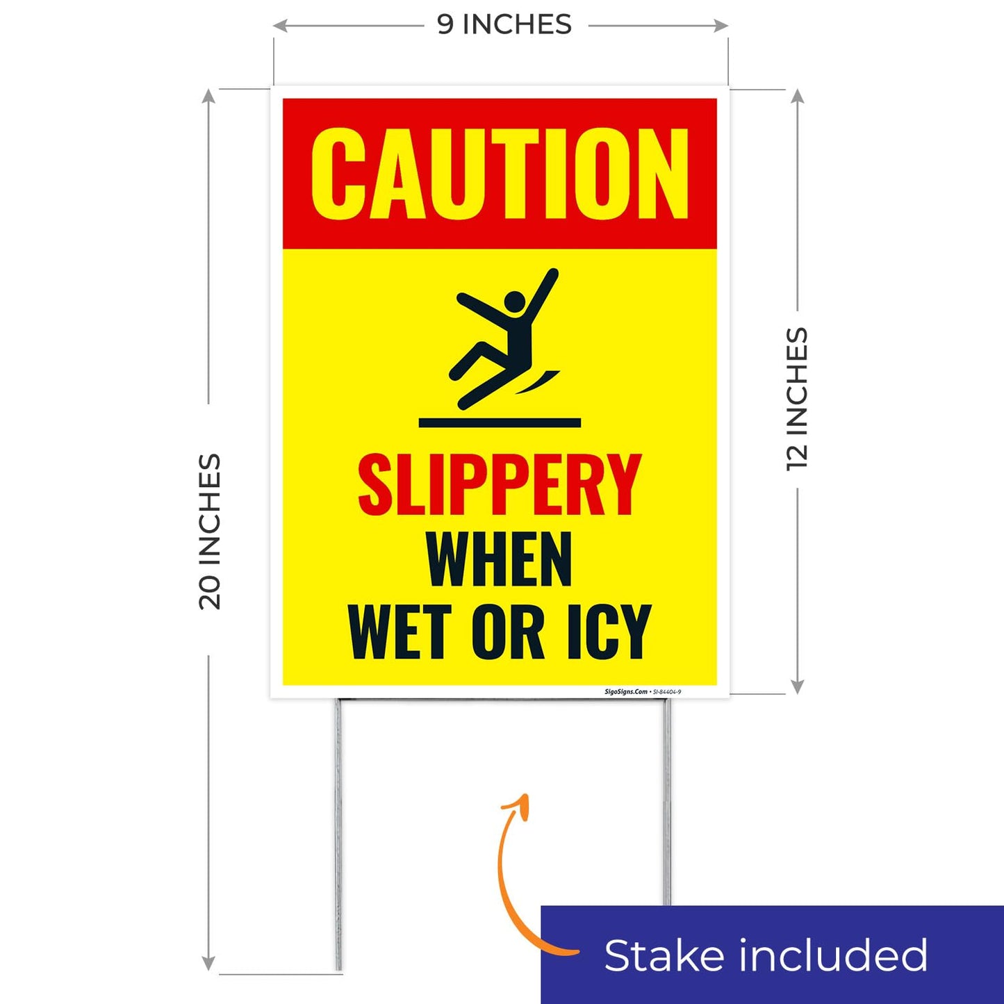 Caution Slippery When Wet or ICY Sign, (SI-84404) (4 Pack) Double Sided 9x12 Inches, Corrugated Plastic with Metal H Stake, Made in USA by Sigo Signs