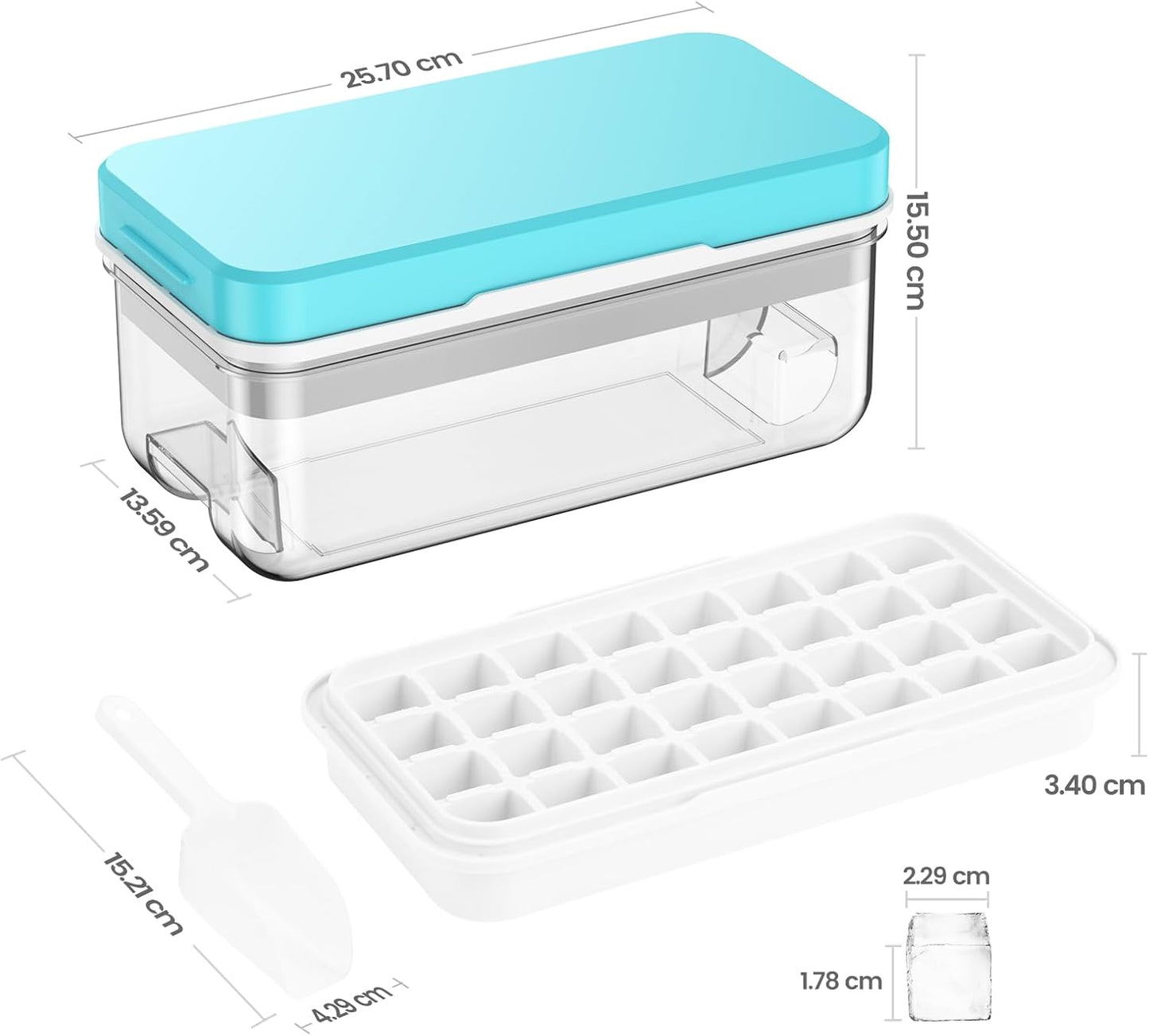 Ice Cube Tray with Lid and Bin, 32 pcs Ice Cubes Molds, Ice Trays for Freezer, Ice Cube Tray Mold, with 1 tray, Ice Freezer Container, Spill-Resistant Removable Lid & Ice Scoop, for Whiskey,Cocktail