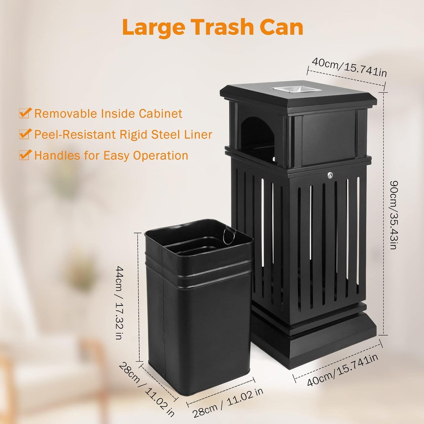 BEAMNOVA Trash Can Outdoor Top Tray Matte Black Stainless Steel Commercial Garbage Enclosure with Locking Lid Heavy Duty Industrial Yard Garage Waste Container, 35.5 * 15.8 * 15.8 in