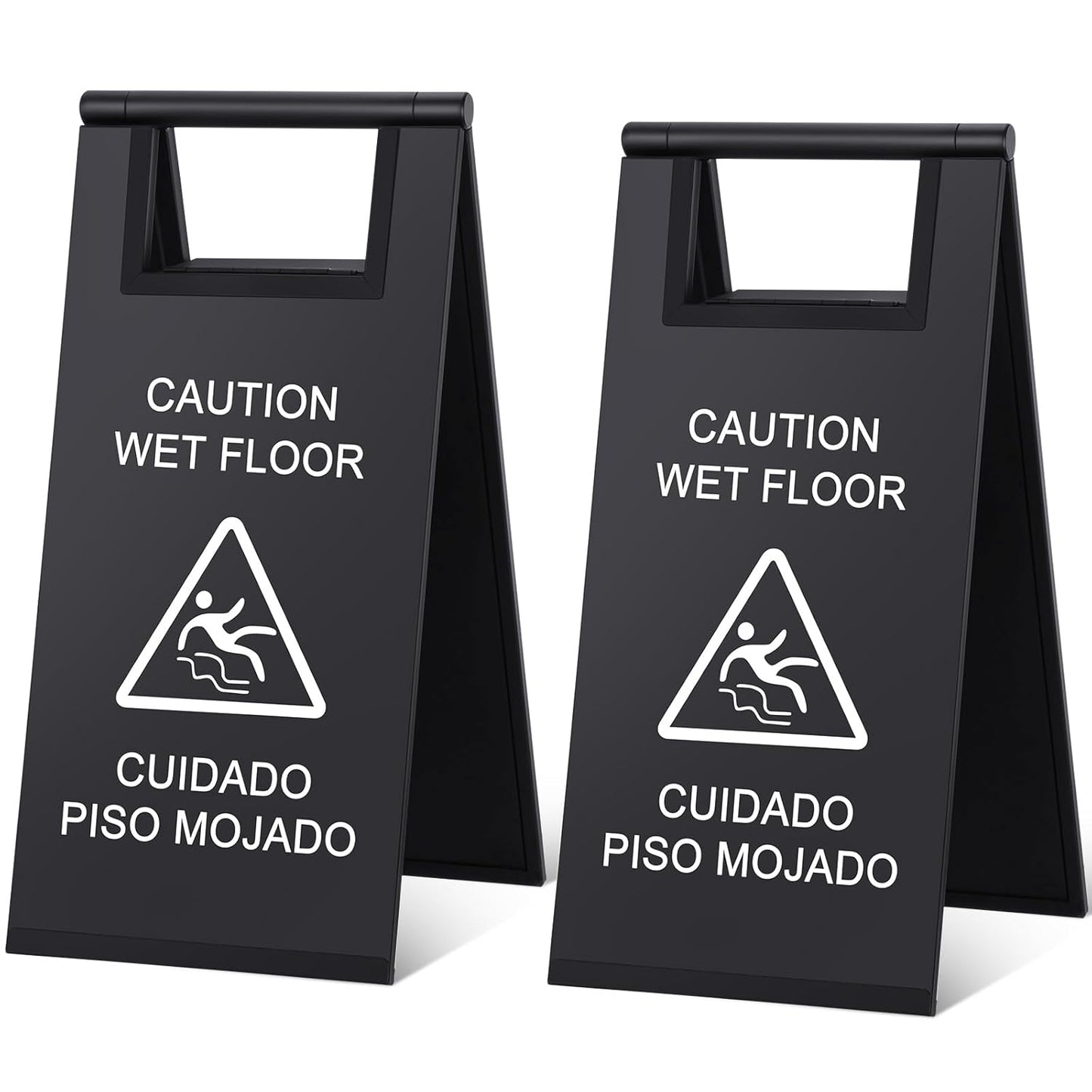 Kigley 2 Pcs Wet Floor Sign, 17 Inch Stainless Steel Caution Wet Floor Sign Double Sided Portable Foldable Bilingual Safety Warning for Hotel Market Restroom Restaurant Office (Black)