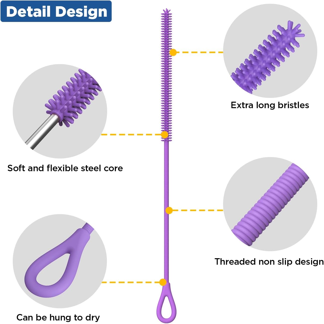 YOTIME Silicone Straw Cleaner Brush, 2Pcs Reusable Straw Brush Extra Long for Cleaning Tumbler with Handle and Glass Metal Smoothie Straws, Non-slip Handle Soft and Bendable, 6mm+9mm, Purple