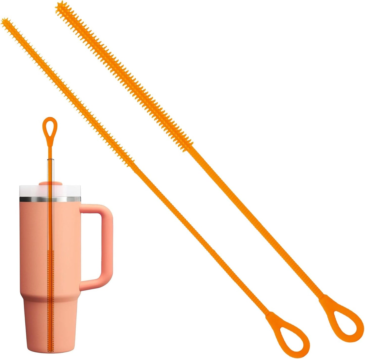 2Pcs Silicone Straw Cleaner Brush, 9.84in Reusable Straw Cleaner with Bendable Steel Core, Extra Long Soft Bottle Brush for Clearing Glass Straws, Smoothie Straws, 9mm&6mm (Orange)