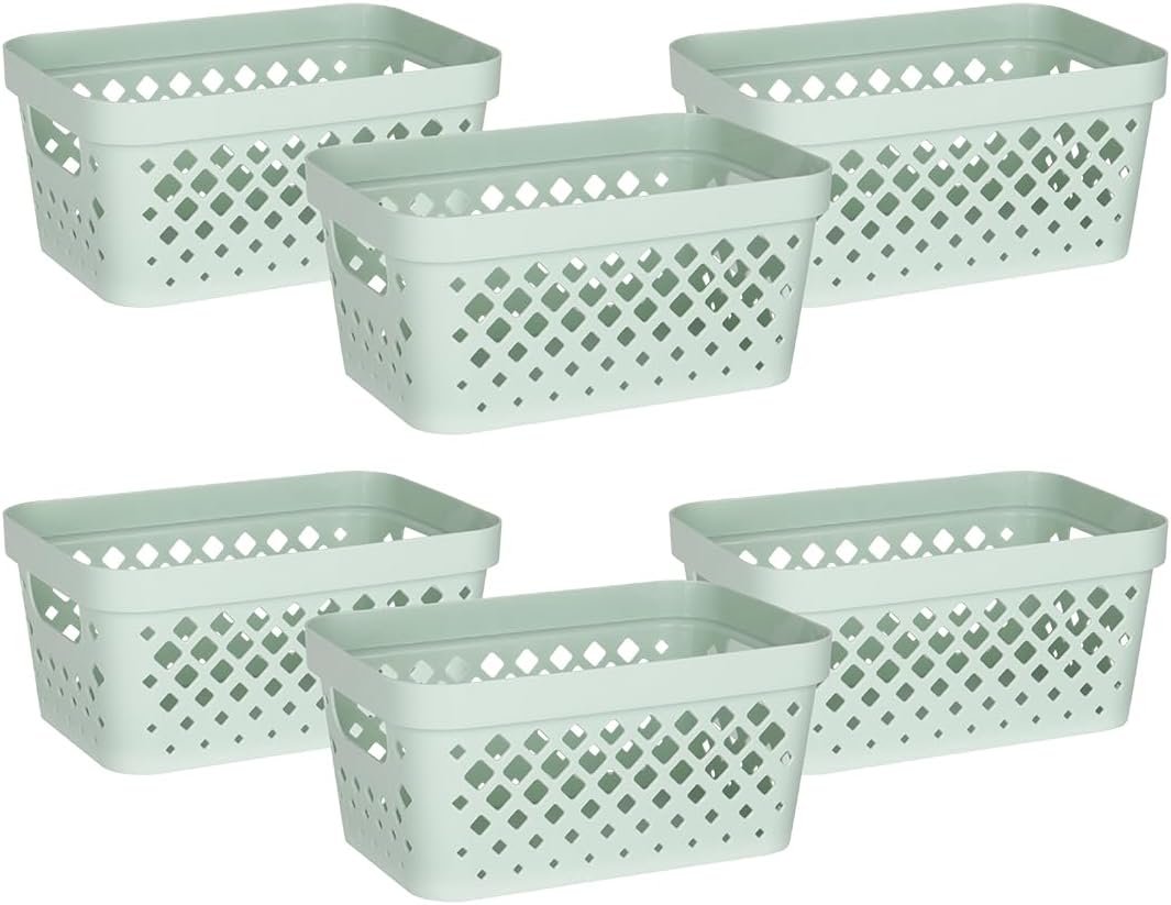 Glad Plastic Baskets for Organizing, Set of 6 | Pantry Storage for Under Counter, Linen Closet, and Bathroom | Nesting Shelf Bins with Handles, 1 Gallon, Sage